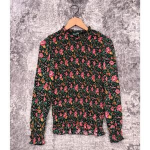 Souleiado Silk Top 36 / XS Women Floral Smocked Ruffle Detail Long Sleeve Blouse
